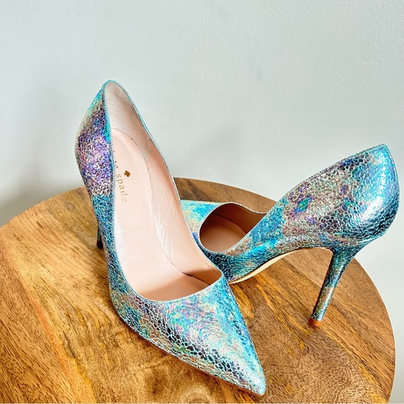 Kate Spade NWOB Larissa Blue Swirl Iridescent Crackle Genuine Leather 4”Heels 5M - Picture 5 of 15